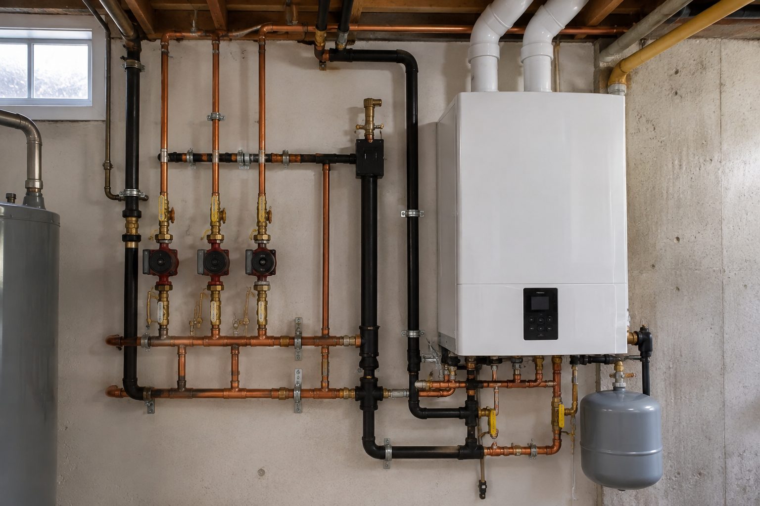 wall hung gas boiler near boiler piping